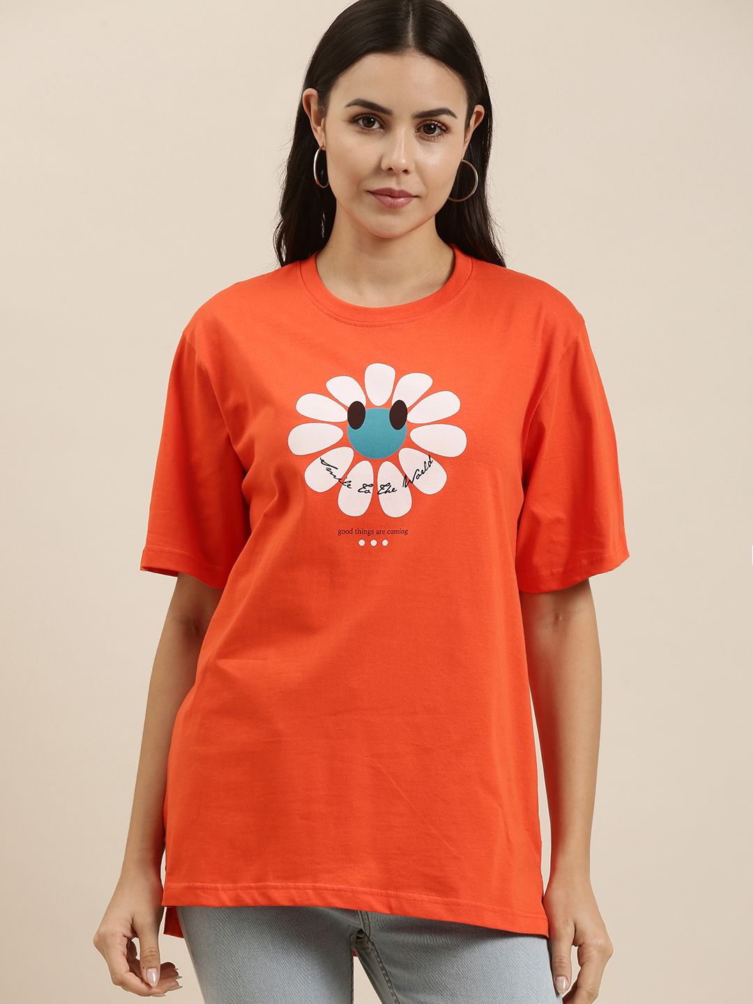 Difference of Opinion Women Orange Typography Printed Pure Cotton Oversized T-Shirt