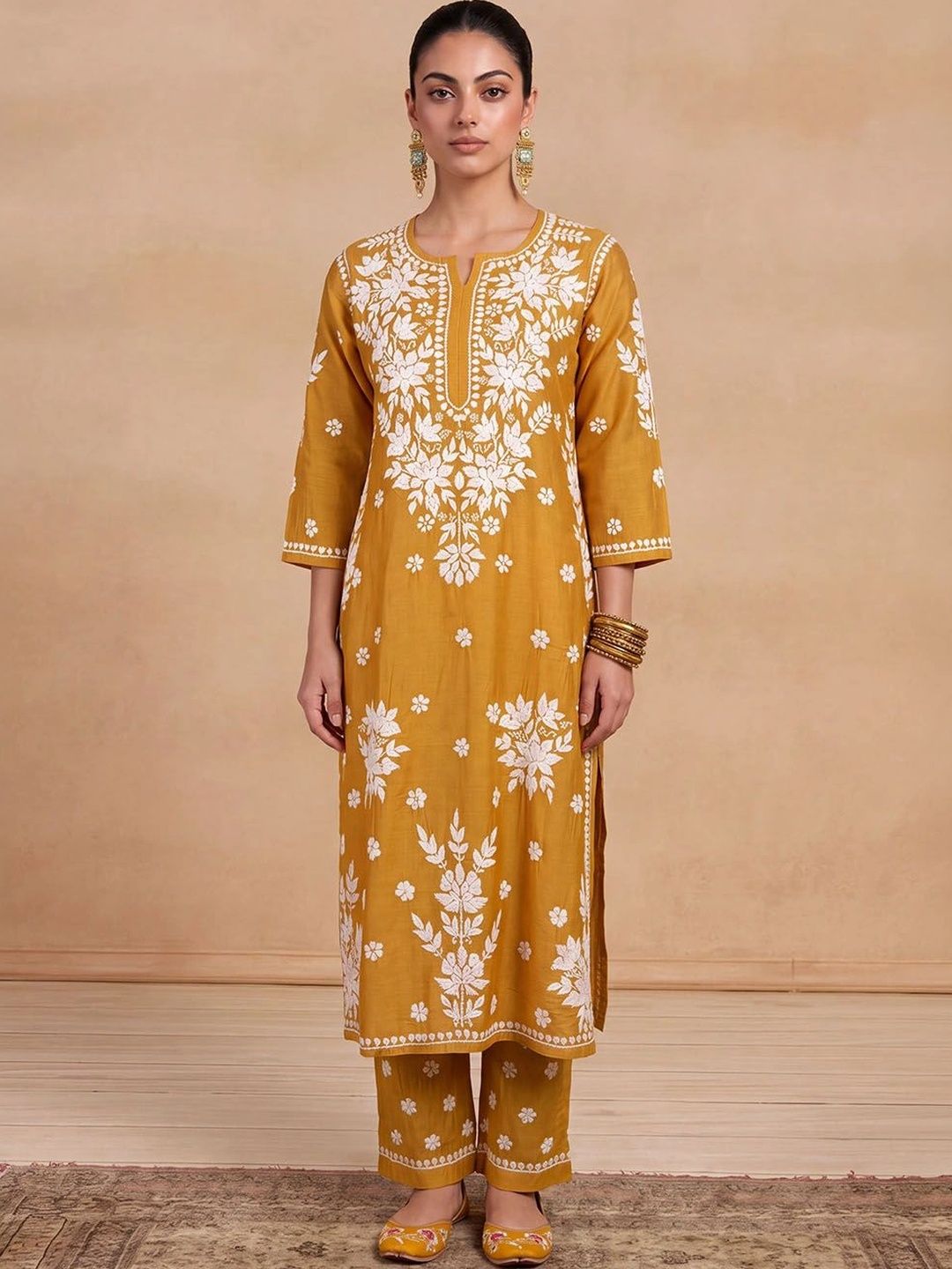 Rumah Wanita Chikankari Motif Etnik Bersulam Benang Biasa Kerja Chanderi Sutera Kurta dengan Seluar