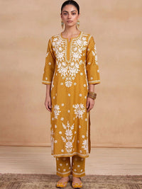 House of Chikankari Women Ethnic Motifs Embroidered Regular Thread Work Chanderi Silk Kurta with Trousers