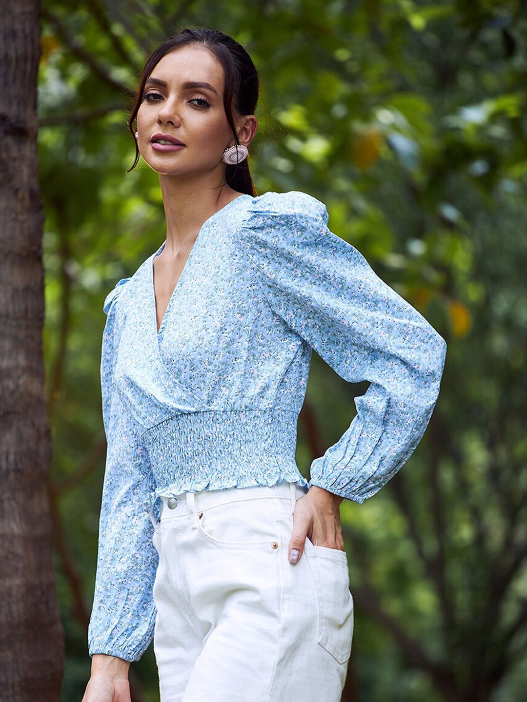 Athena Blue Printed V-Neck Smocked Wrap Crop Top