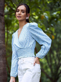 Athena Blue Printed V-Neck Smocked Wrap Crop Top