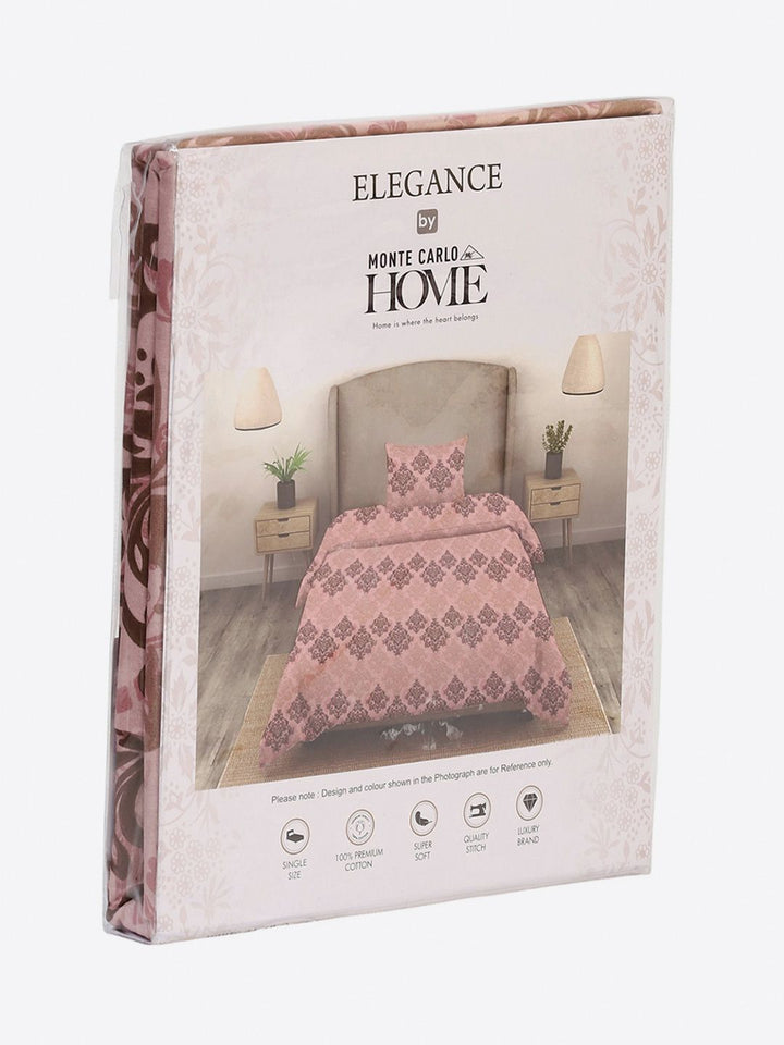 Monte Carlo Pink & Brown Floral Printed 104 TC Single Bedsheet Set 2.24 m x 1.52 m