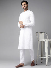 See Designs Men White Ethnic Motifs Embroidered Chikankari Pure Cotton Kurta with Pyjamas