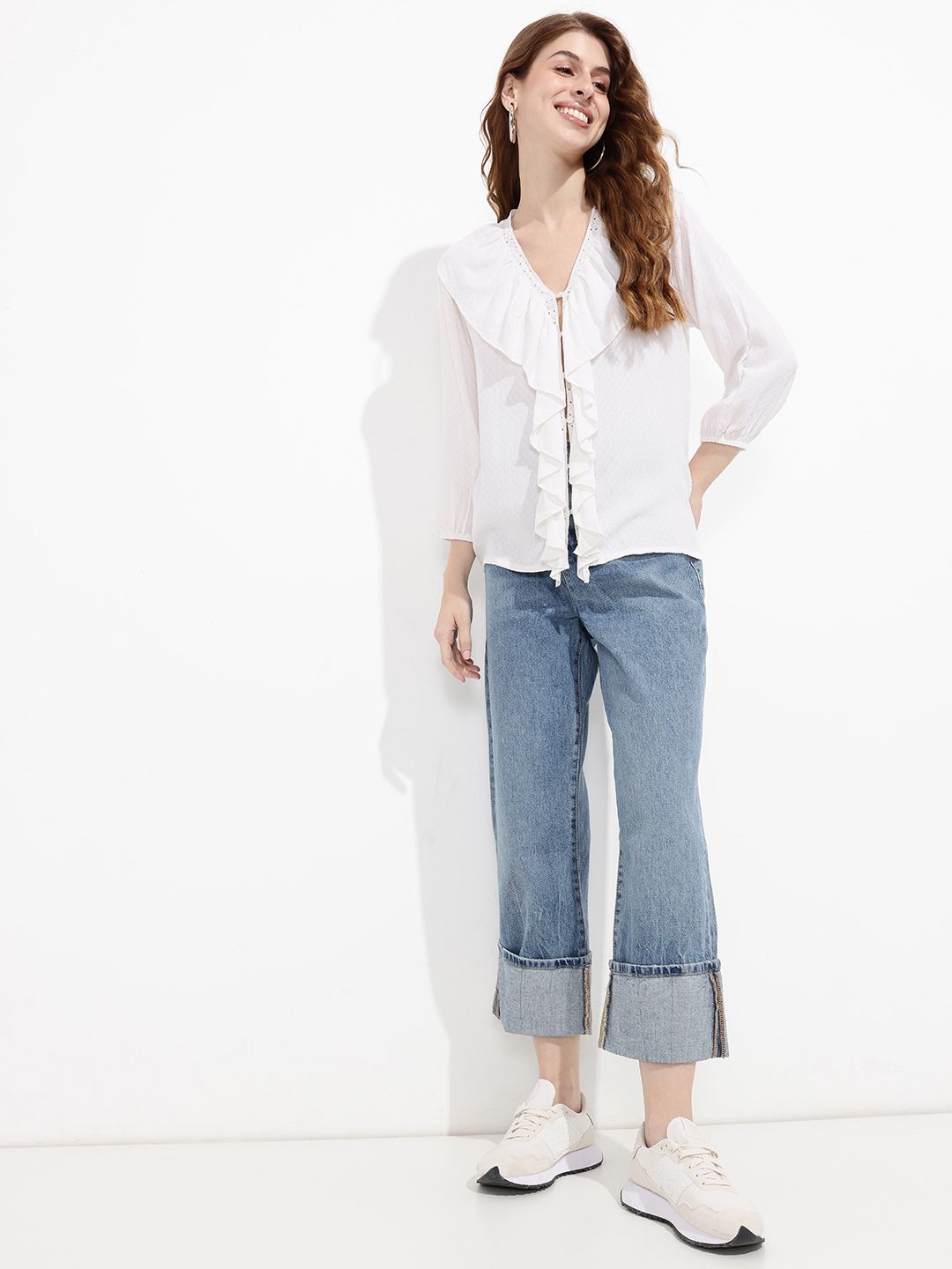 DressBerry Porcelain White Texture Play Ruffled Top