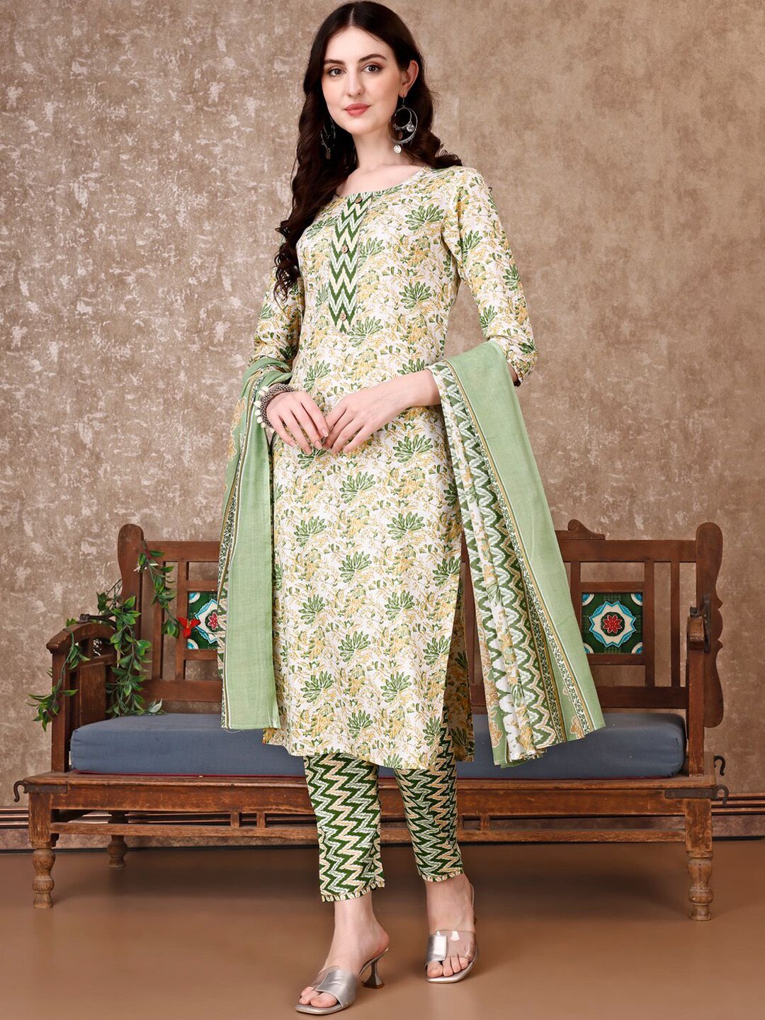 KALINI Floral Printed Regular Straight Kurta With Trousers & Dupatta