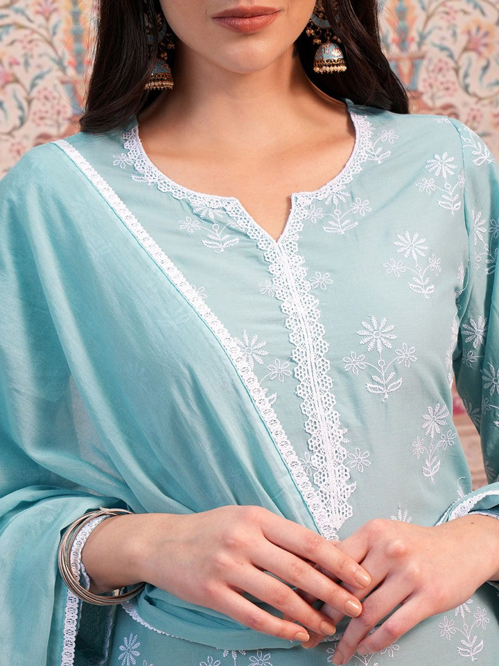 Vishudh Blue Ethnic Motifs Embroidered Thread Work Pure Cotton Kurta &Trouser & Dupatta