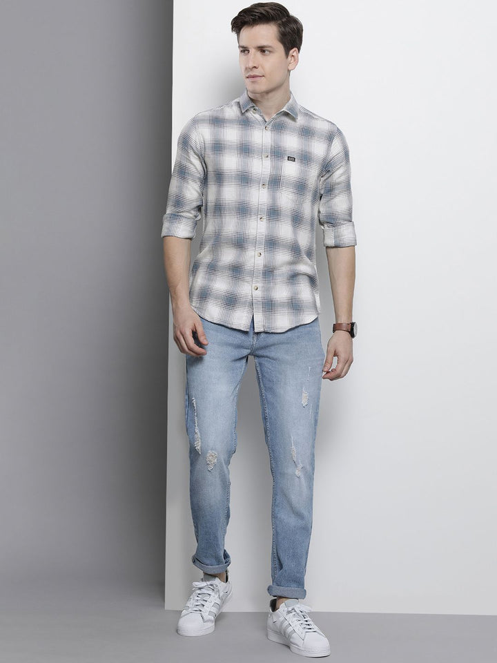 The Indian Garage Co Men Cream-Coloured Tartan Checked Casual Shirt