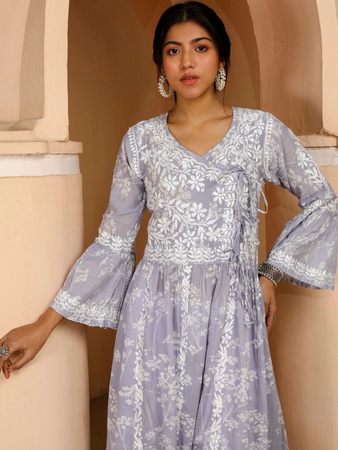 House of Chikankari Women Floral Embroidered Bell Sleeves Chikankari Kurta