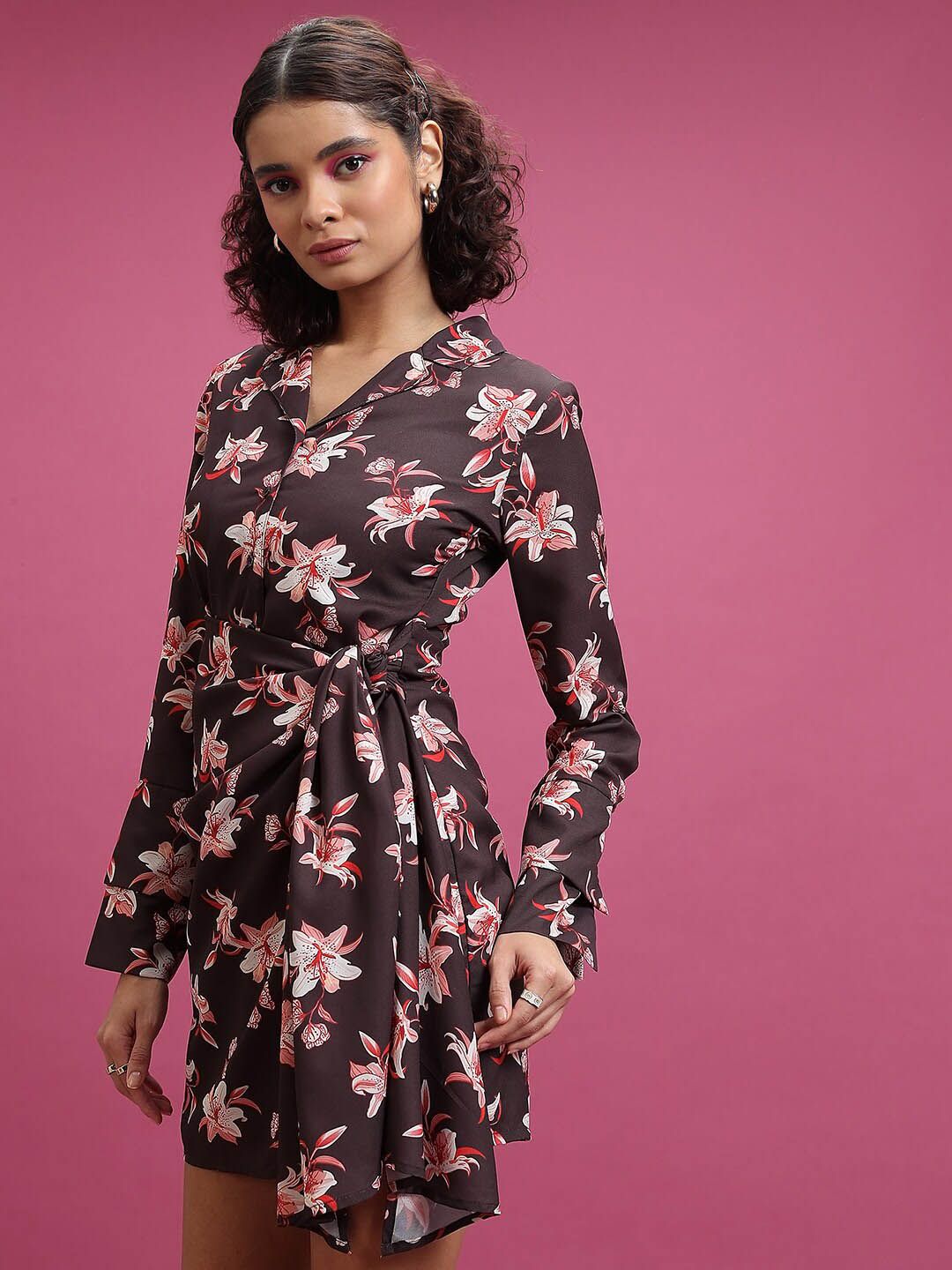 Tokyo Talkies Maroon Floral Printed Shirt Collar Tie-Ups Fit & Flare Dress