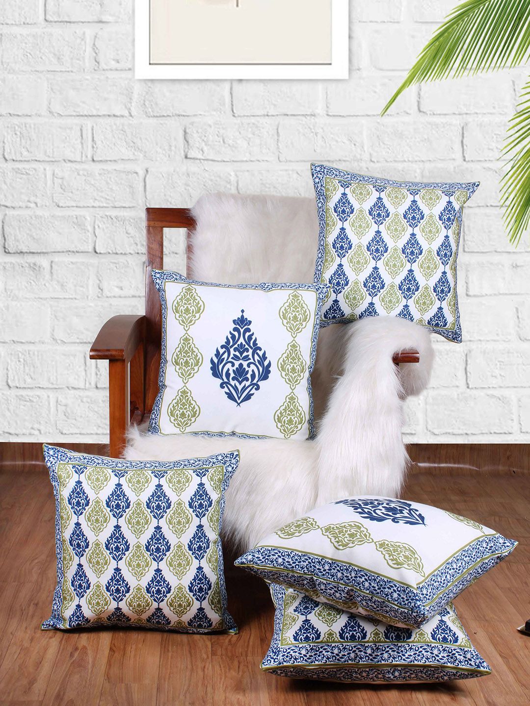 STITCHNEST White & Blue 5 Pieces Ethnic Motifs Square Cushion Covers
