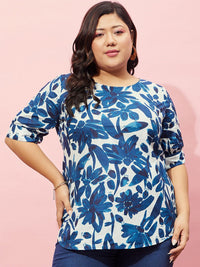 Berrylush Curve Cream Colen & Blue Plus Size Floral Print Printed Cotton Top