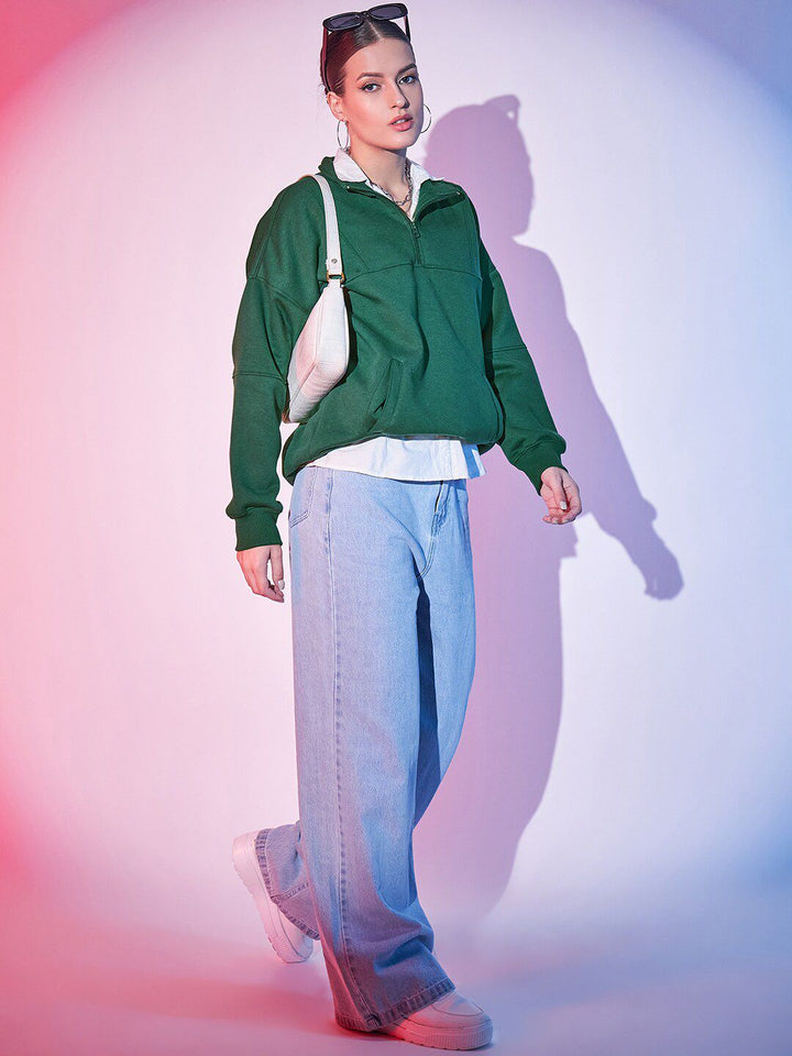 STREET 9 Green Typography Printed Mock Collar Pullover Fleece Sweatshirt