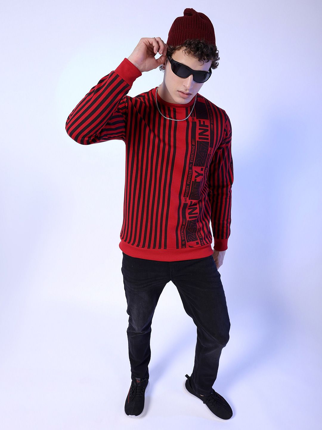 The Indian Garage Co Men Round Neck Striped Pullover Sweatshirt
