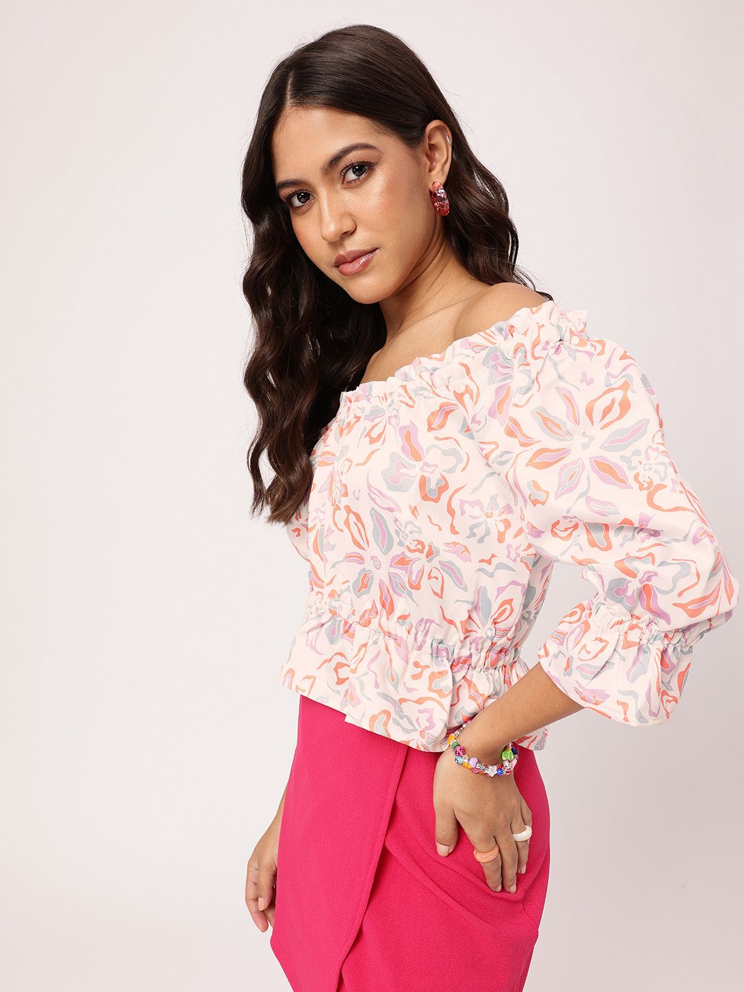DressBerry Dramatic Touch Floral Printed Off-Shoulder Peplum Crop Top