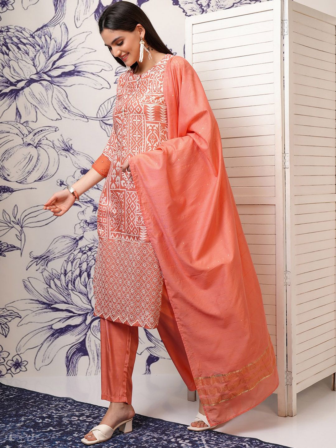 Vishudh Ethnic Motifs Printed Sequinned Straight Kurta with Trousers & Dupatta