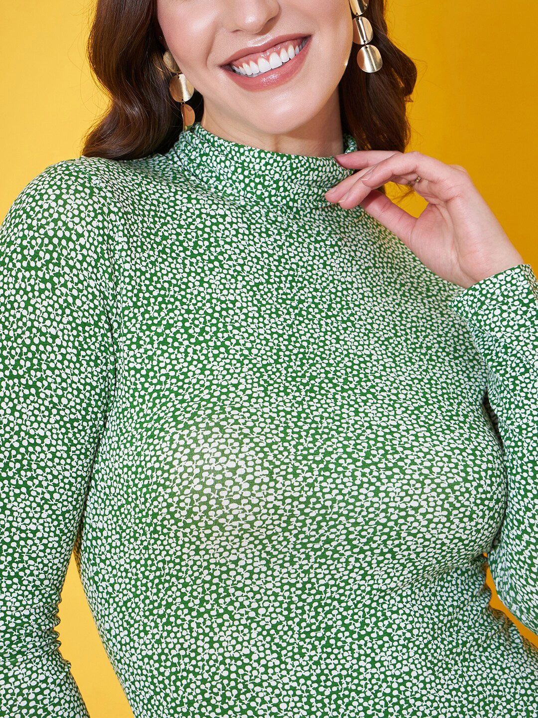 Berrylush Green Floral Printed High Neck Long Sleeves Bodycon Mini Dress