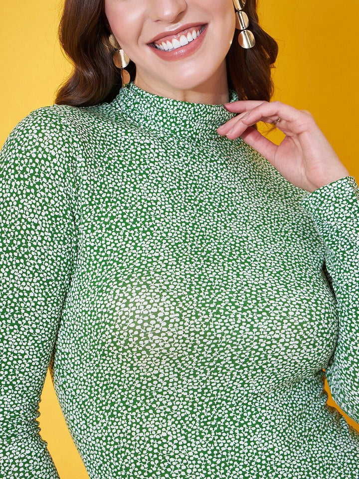 Berrylush Green Floral Printed High Neck Long Sleeves Bodycon Mini Dress