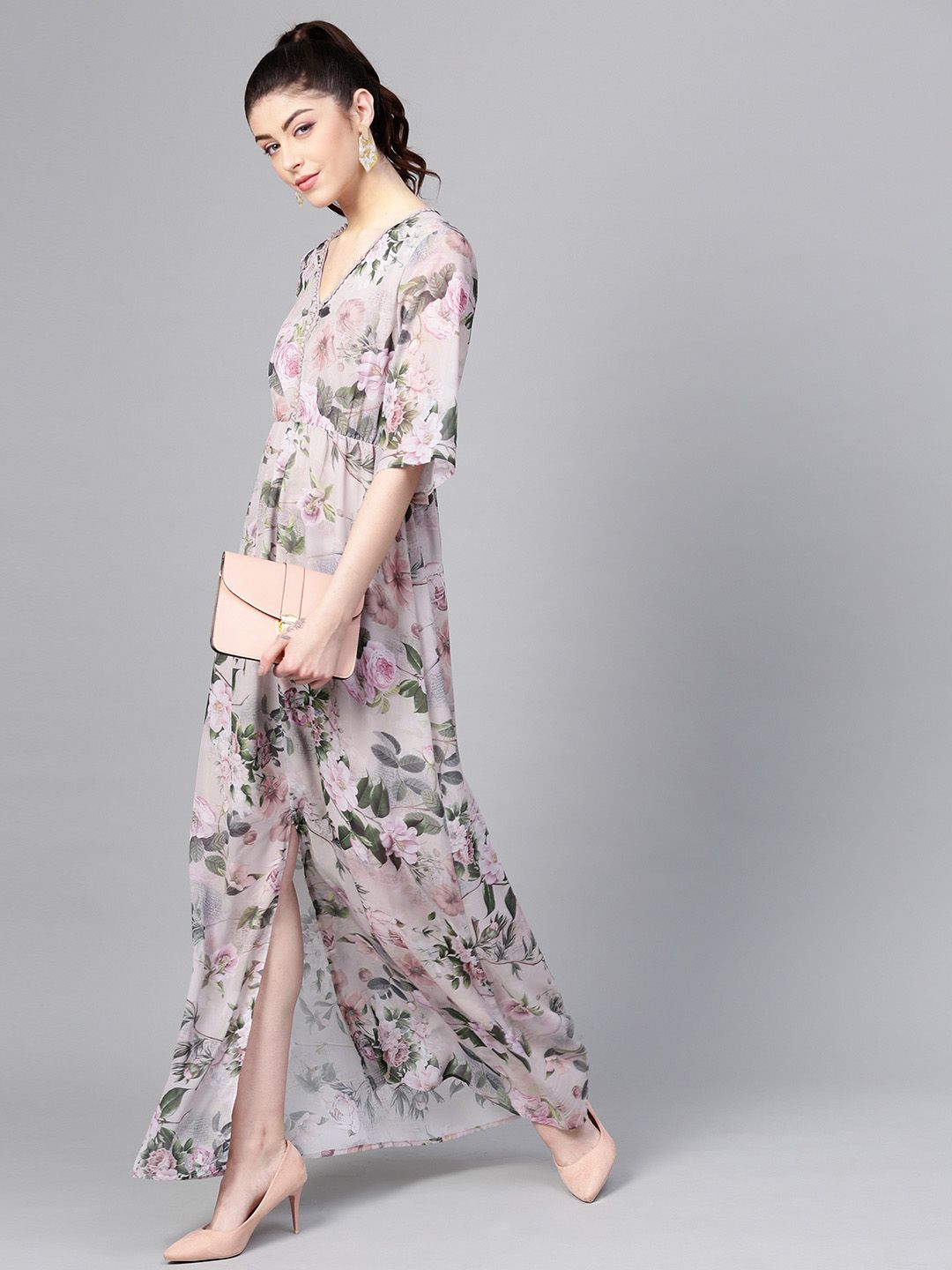 SASSAFRAS Taupe & Green Floral Printed Maxi Dress