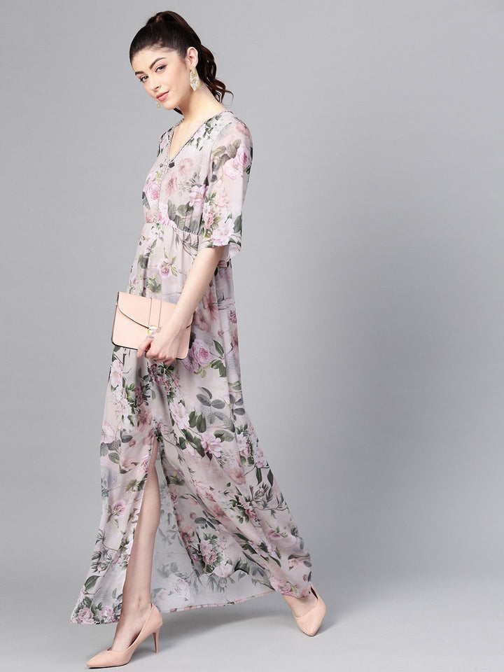 SASSAFRAS Taupe & Green Floral Printed Maxi Dress