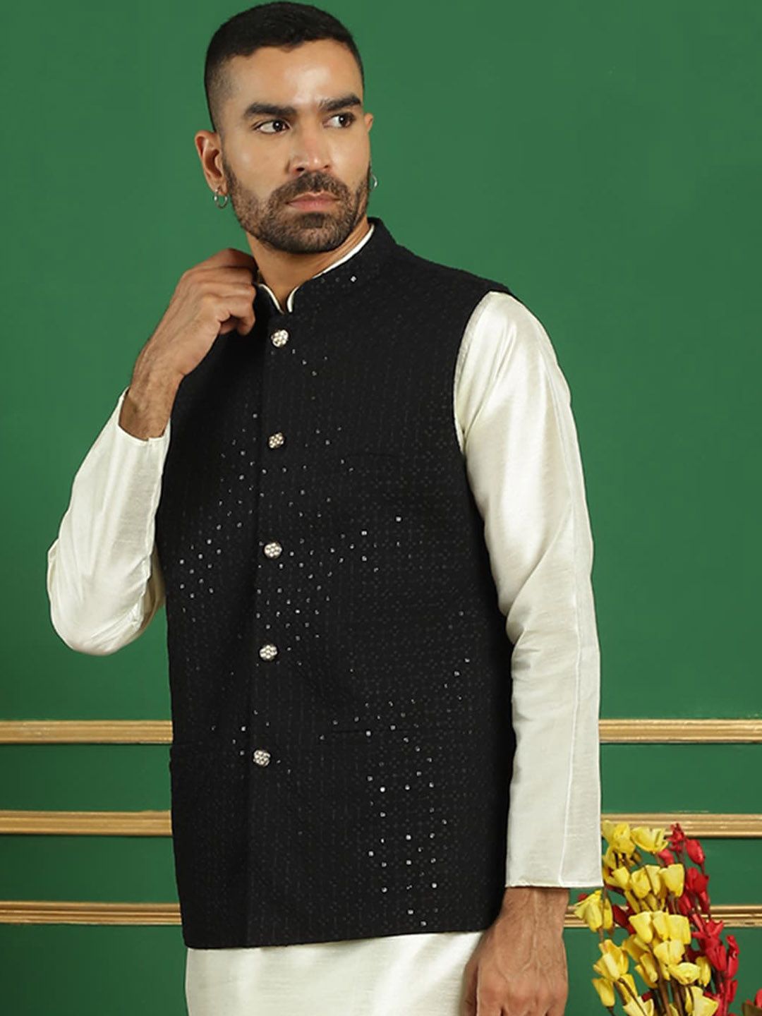 Anouk Black Embroidered Mandarin Collar Sequinned Detailed Nehru Jacket
