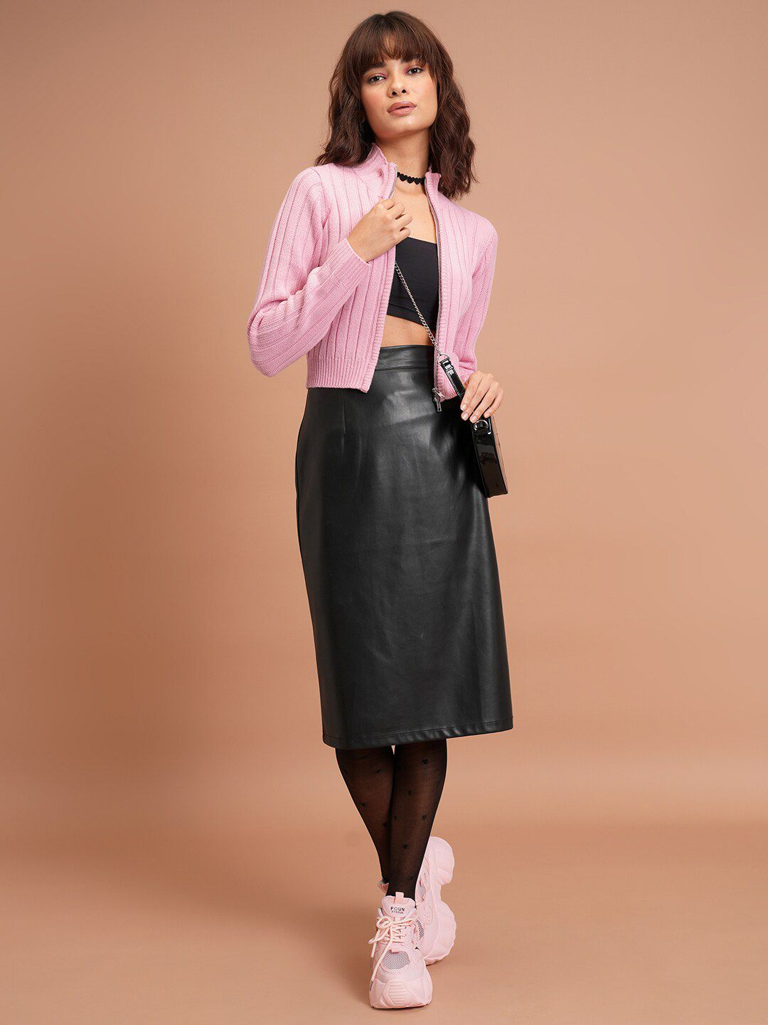 Tokyo Talkies Mock Collar Crop Acrylic Front-Open Sweaters