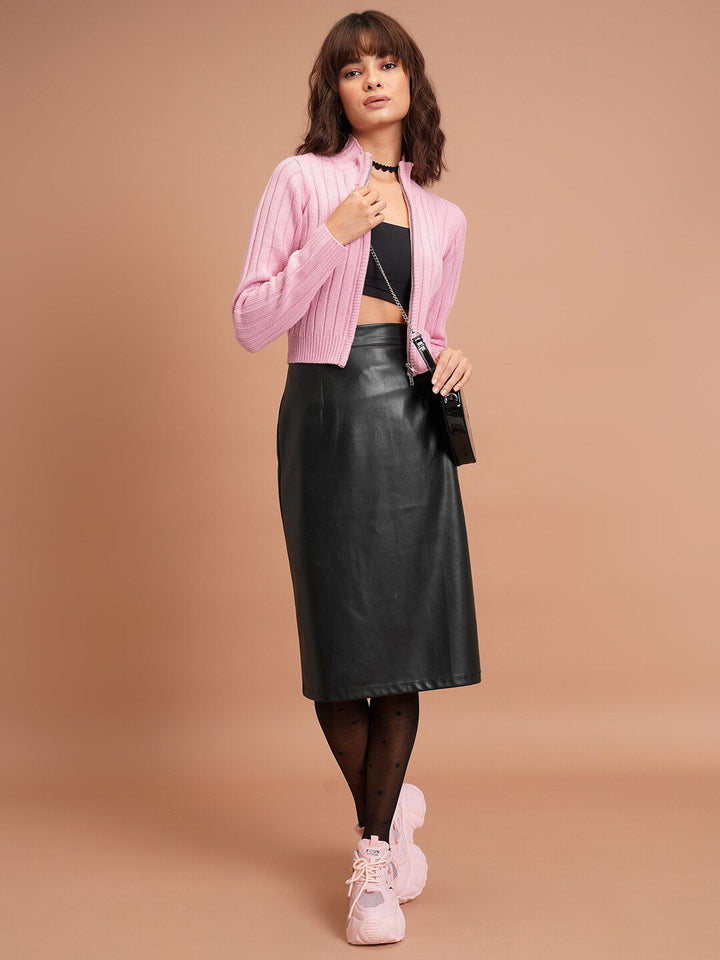 Tokyo Talkies Mock Collar Crop Acrylic Front-Open Sweaters
