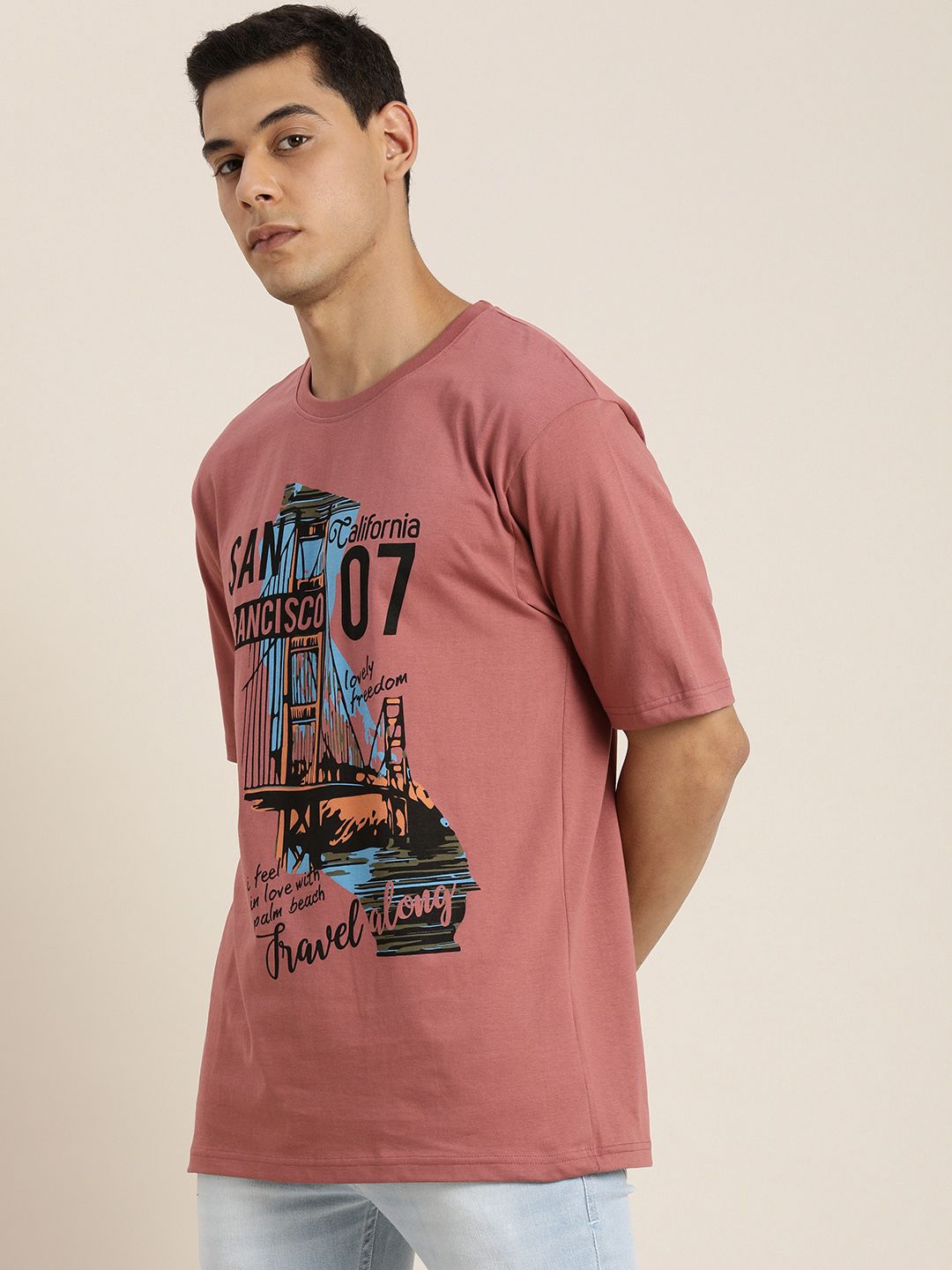 DILLINGER Men Dusty Pink Printed Pure Cotton Loose Oversized T-shirt