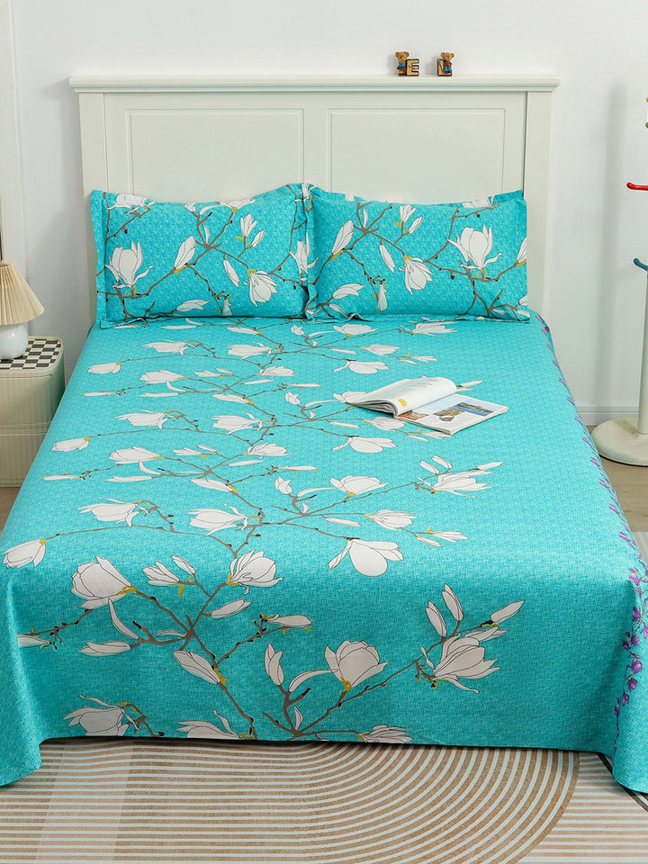 Story@home Sea Green White Floral 144 TC Cotton 1 Queen Bedsheet with 2 Pillow Covers