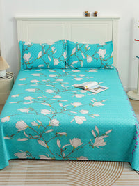 Story@home Sea Green White Floral 144 TC Cotton 1 Queen Bedsheet with 2 Pillow Covers