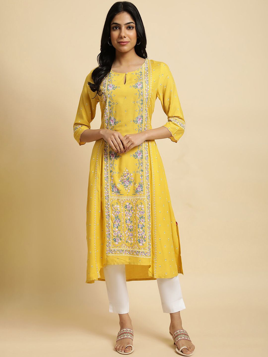 W Yellow & Pink Floral Printed Keyhole Neck A-Line Kurta