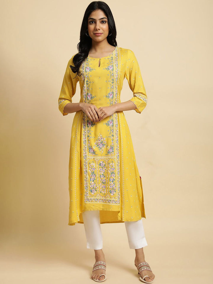W Yellow & Pink Floral Printed Keyhole Neck A-Line Kurta