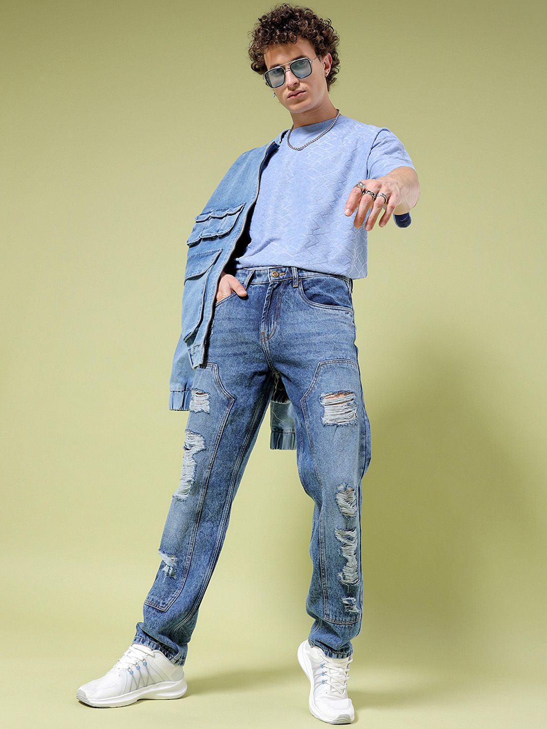 The Indian Garage Co Men Straight Fit Highly Distressed Mid Rise Heavy Fade Cotton Jeans
