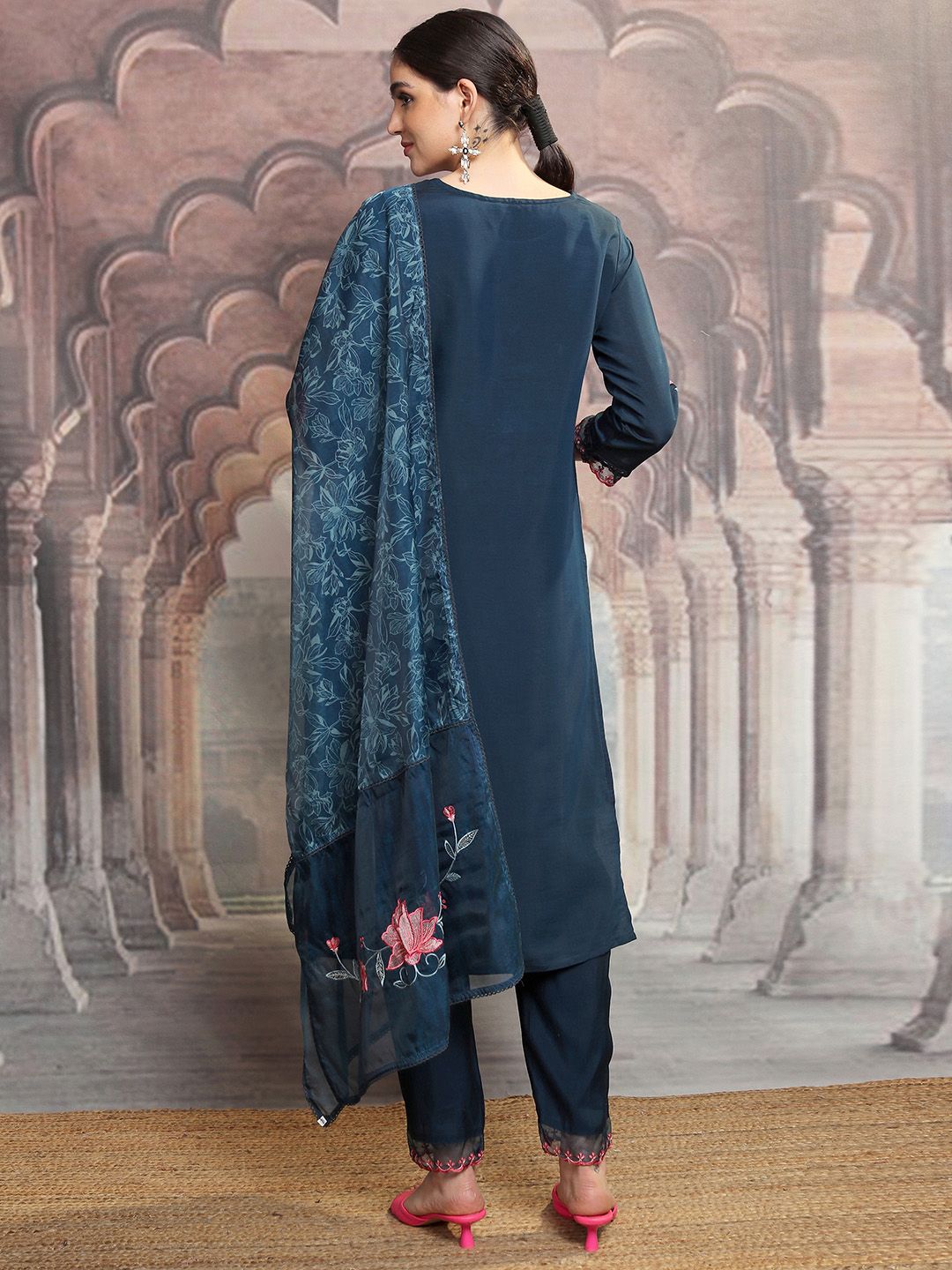 Vishudh Navy Blue Floral Embroidered Thread Work Straight Kurta With Trousers & Dupatta