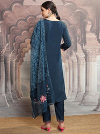 Vishudh Navy Blue Floral Embroidered Thread Work Straight Kurta With Trousers & Dupatta