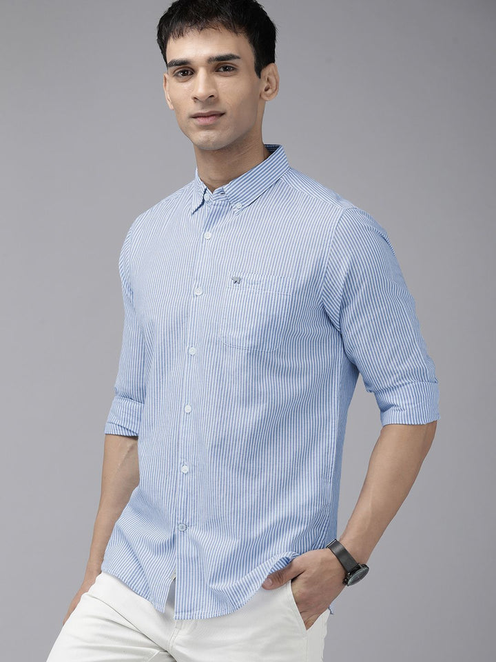THE BEAR HOUSE Men Blue & White Classic Slim Fit Striped Pure Cotton Casual Shirt
