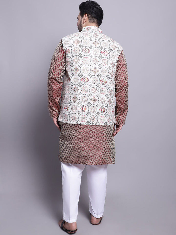 SOJANYA PLUS Plus Size Woven Design Kurta With Pyjamas & Printed Nehru Jacket