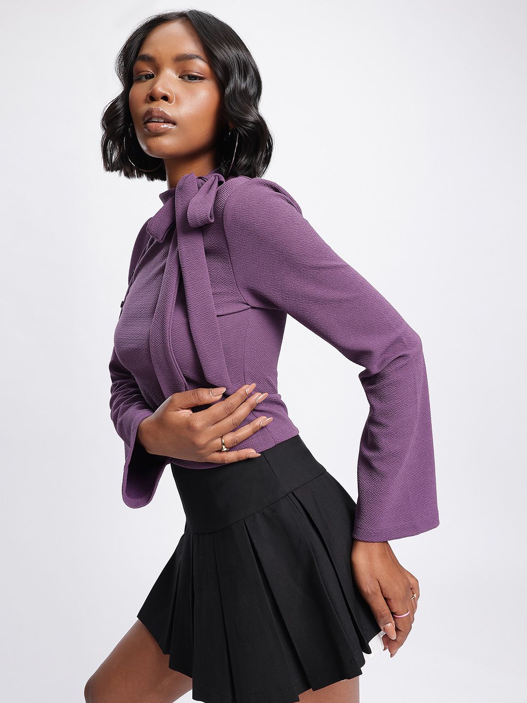 DressBerry Adorable Allure Textured Bow Tie Button Detail Top