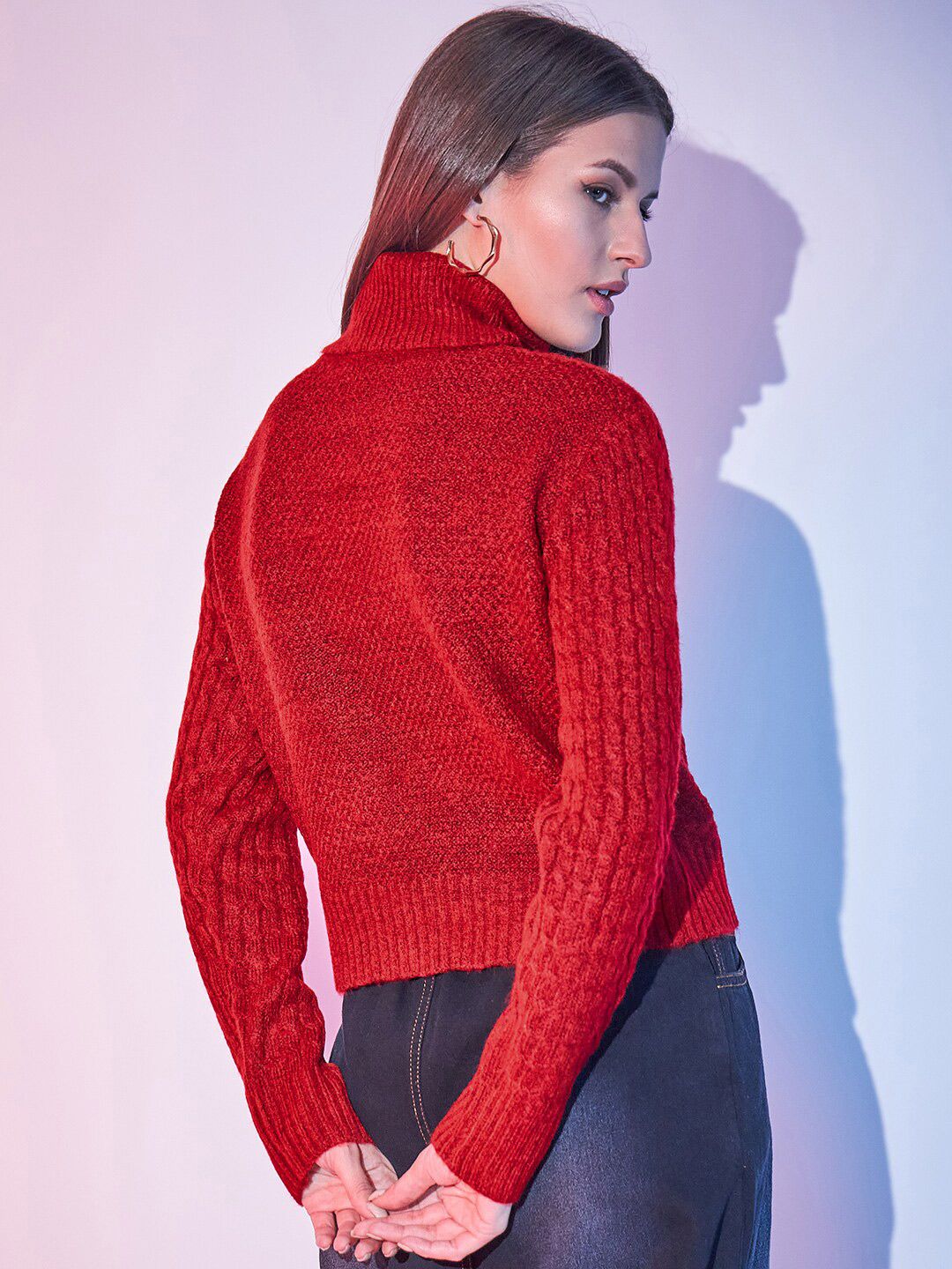STREET 9 Cable Knit Turtle Neck Crop Acrylic Pullover