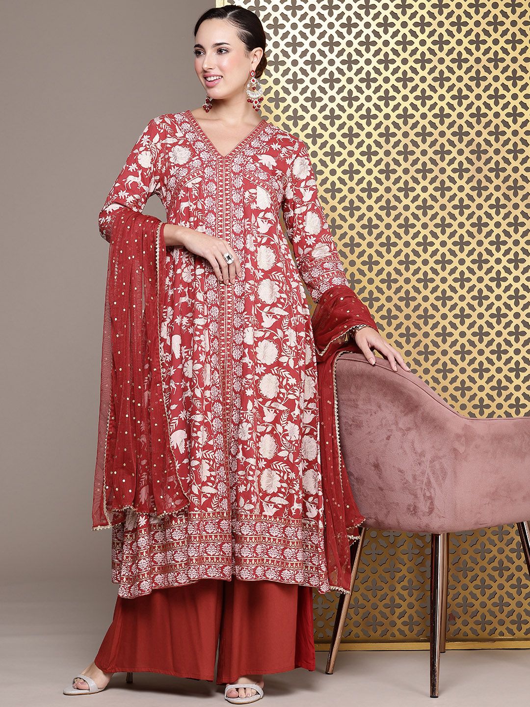 House of Pataudi Jashn Ethnic Motifs Foil Printed A-Line Kurta With Palazzos & Dupatta