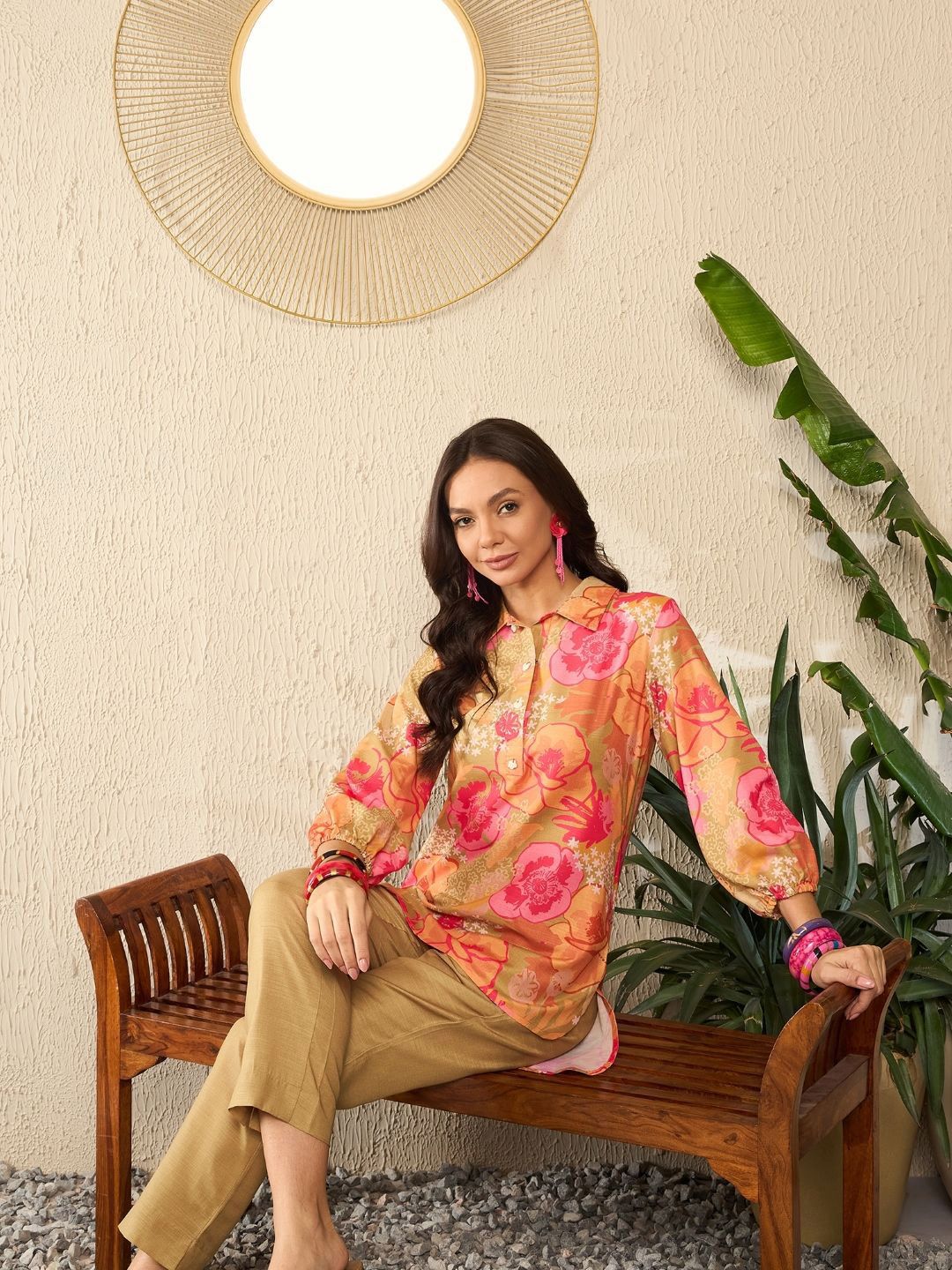 KALINI Floral Printed Shirt Collar Three-Quarter Sleeves Top With Trouser