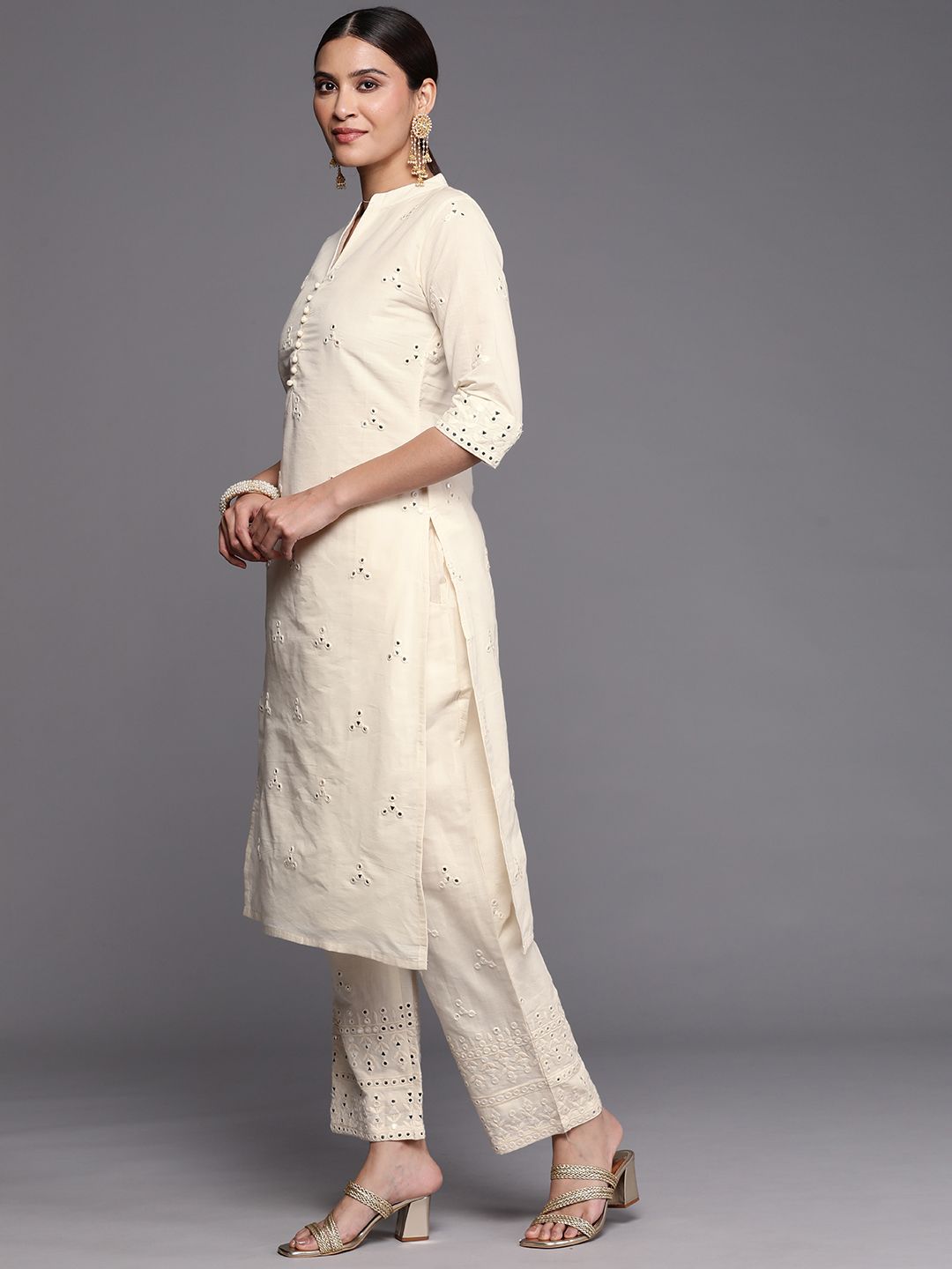Libas Women Off White Embroidered Regular Mirror Work Pure Cotton Kurta with Trousers & With Dupatta