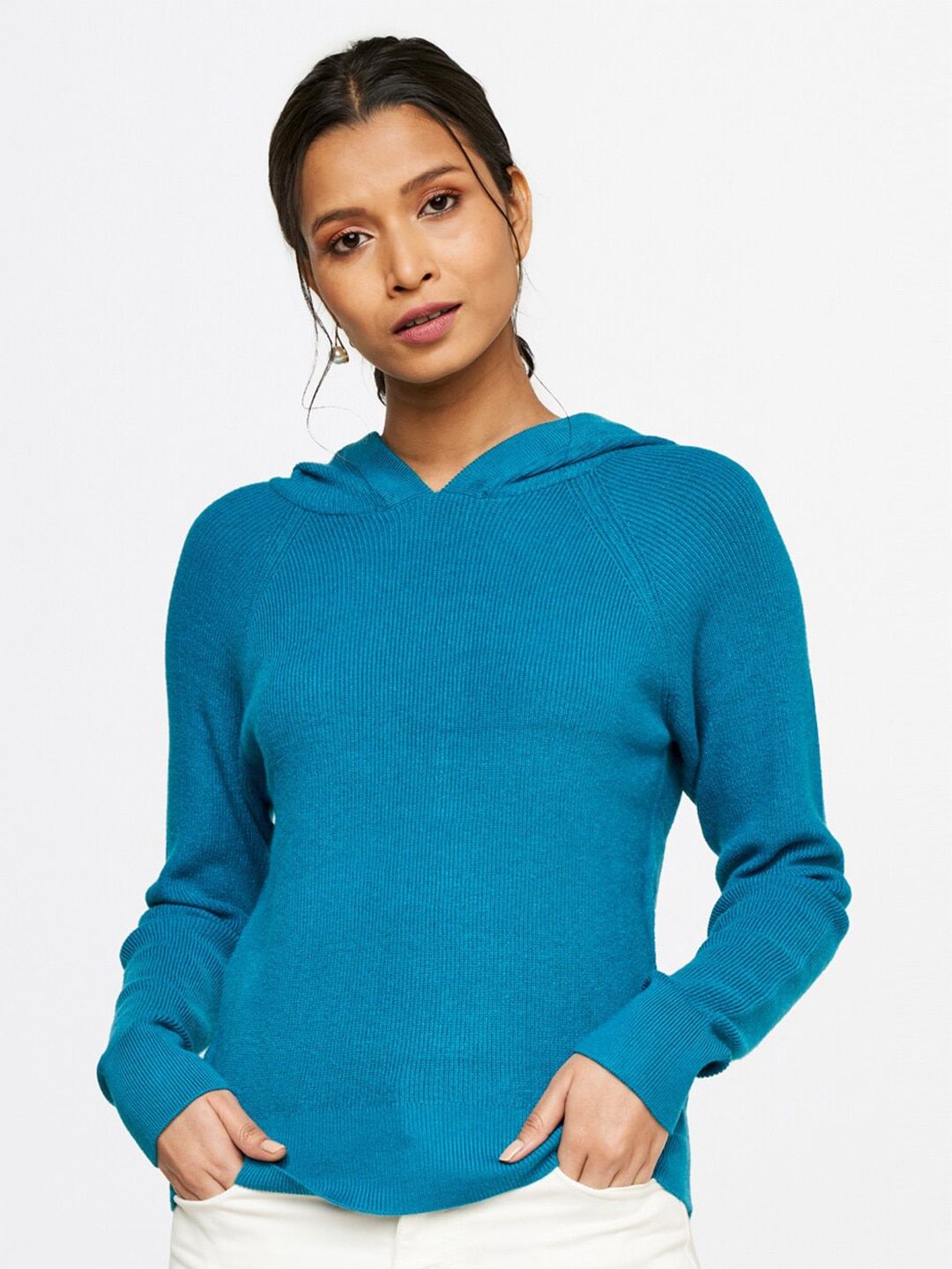 AND Women Blue Solid Hooded T-Shirt