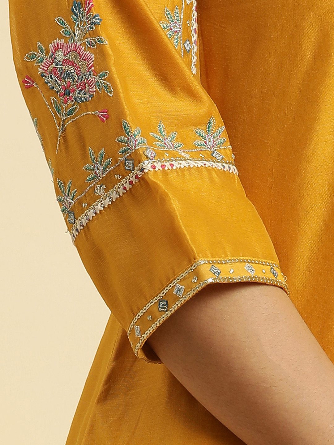 W Yellow Floral Embroidered Thread Work Kurta