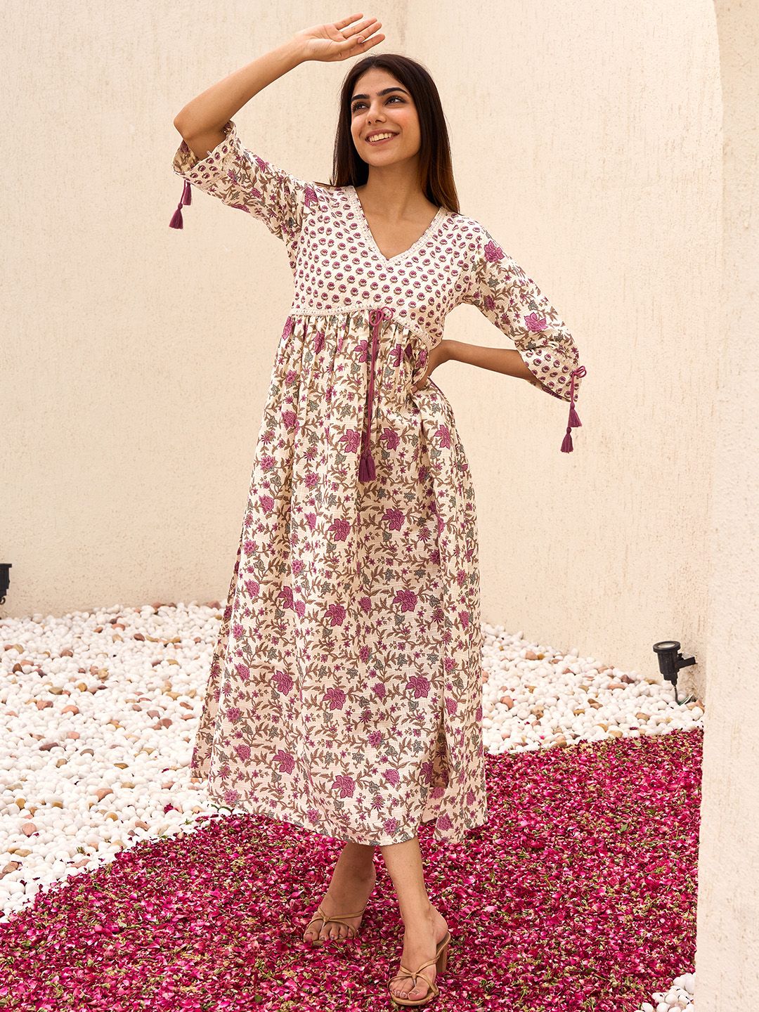 Libas Floral Printed V Neck Cotton Maxi Fit & Flare Dress