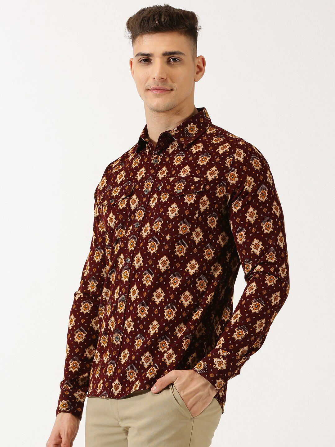 Thomas Scott Classic Slim Fit Ethnic Motifs Printed Pure Cotton Corduroy Semiformal Shirt