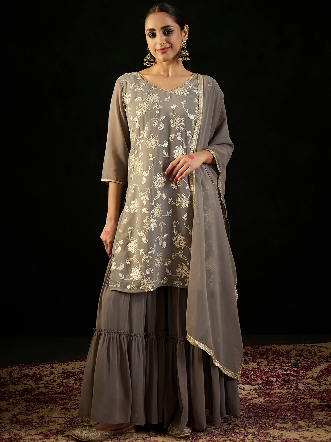 Indo Era V Neck Floral Embroidered Thread Work Kurta with Sharara & Dupatta