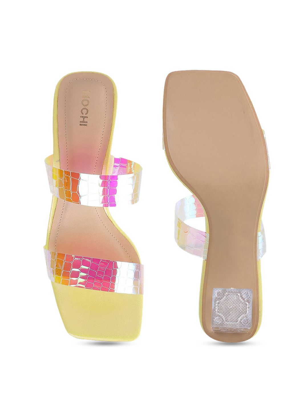 Mochi Yellow & Transparent Printed Block Heels