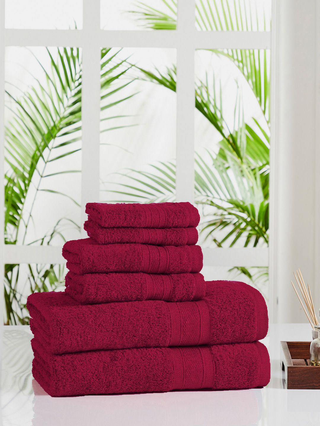 MYTRIDENT Unisex Set Of 6 Red Solid 500 GSM Towels