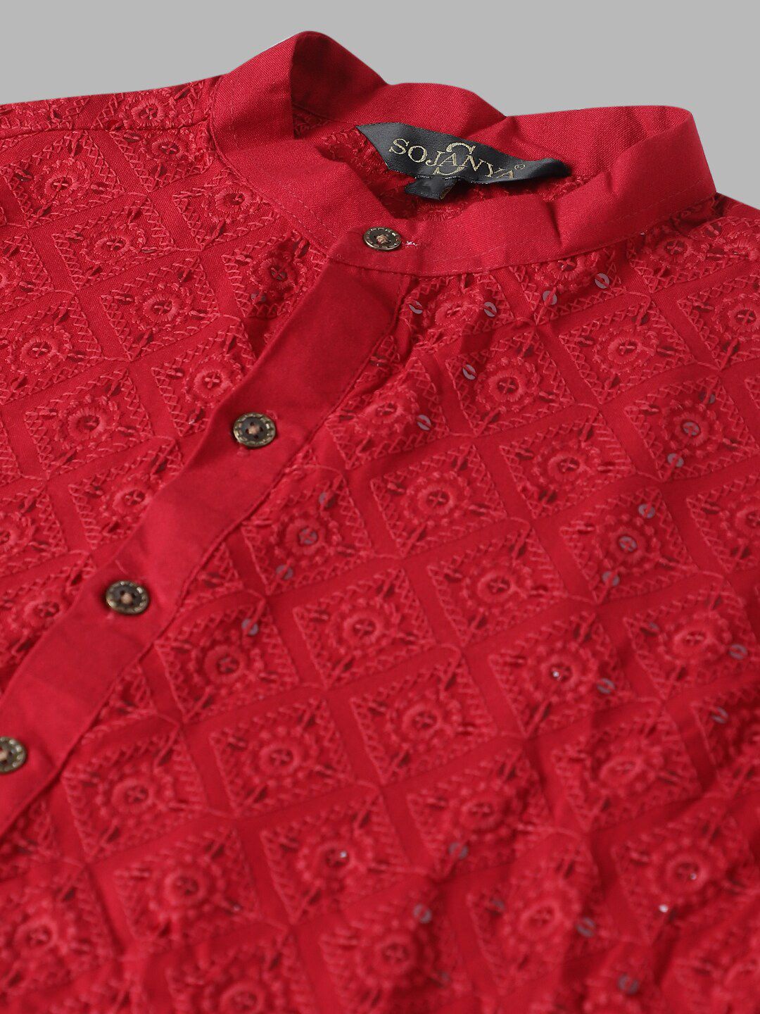 SOJANYA Geometric Embroidered Sequence Mandarin Collar Pure Cotton Kurta