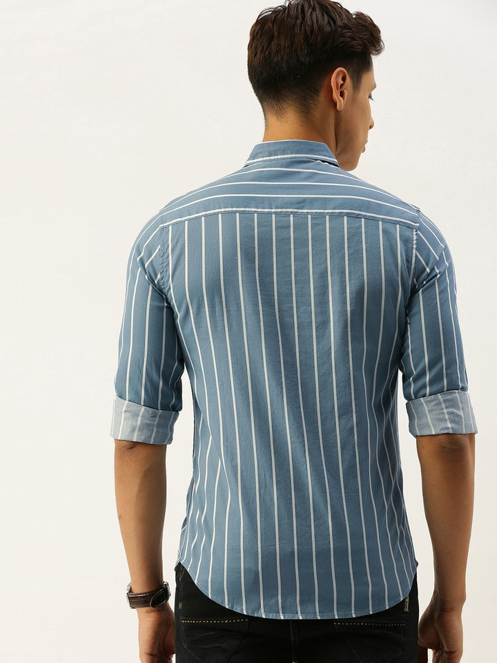 The Indian Garage Co Men Grey & White Slim Fit Striped Casual Shirt